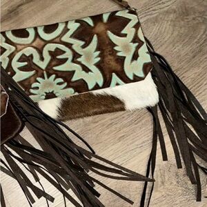 Tooled leather Brown and Cream Fringe Women's Bag